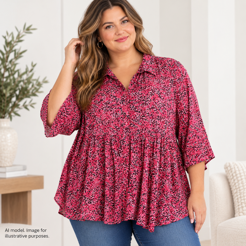 Catherines Blouse Womens 3X Pink Black White Speckled Micro Dot Button Top Flowy